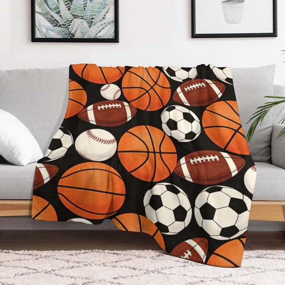 Sports Themed Throw Blanket Soft Cozy Flannel with Basketball Football Soccer Baseball Print for Bedroom Couch Game Room Birthday Gift for Sports Fans