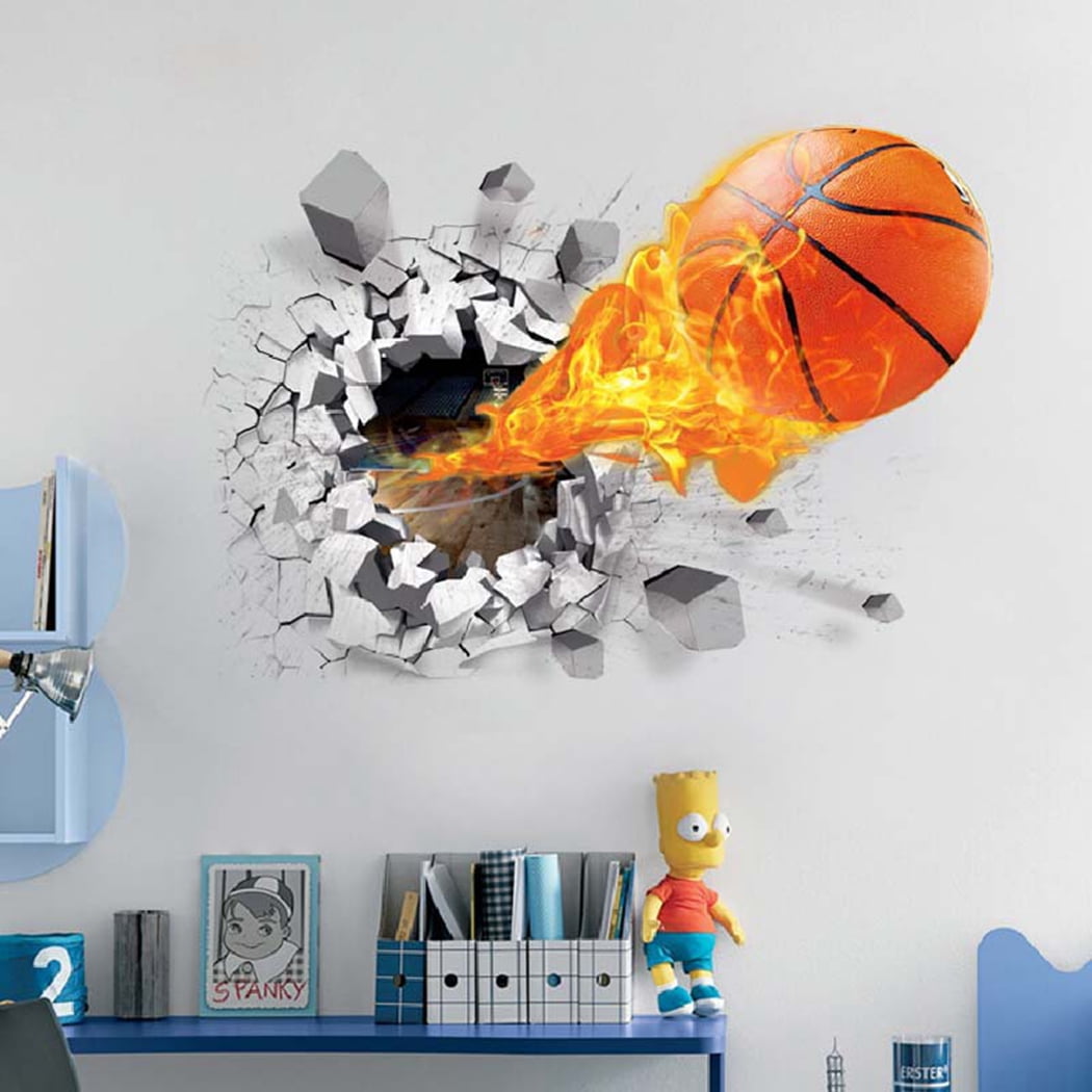 BANGCOOL Sports Themed Wall Decals Decorative 3D Broken Wall Basketball Wall Stickers Mural Sticker Wall Art Decor for Kids Boys Girls Room Child Teen Bedroom Living Room Class Room College Dorm