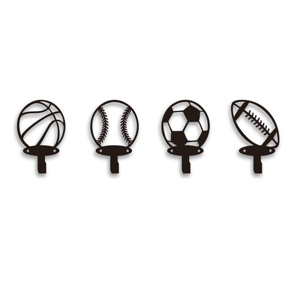 Sports Themed Wall Hooks 4 Pack with Screws for Kids Rooms & Decor