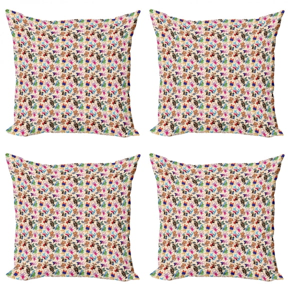 Sports Throw Pillow Cushion Case Pack of 4, Animal Bunny Skipping Rope Teddy Bear Boxing Puppy Soccer Ball Baby Cartoon, Modern Accent Double-Sided Print, 4 Sizes, Multicolor, by Ambesonne