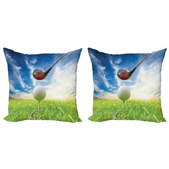 Ambesonne Sports Throw Pillow Cover 2 Pack, Golf Club and Ball, 18", Green Blue