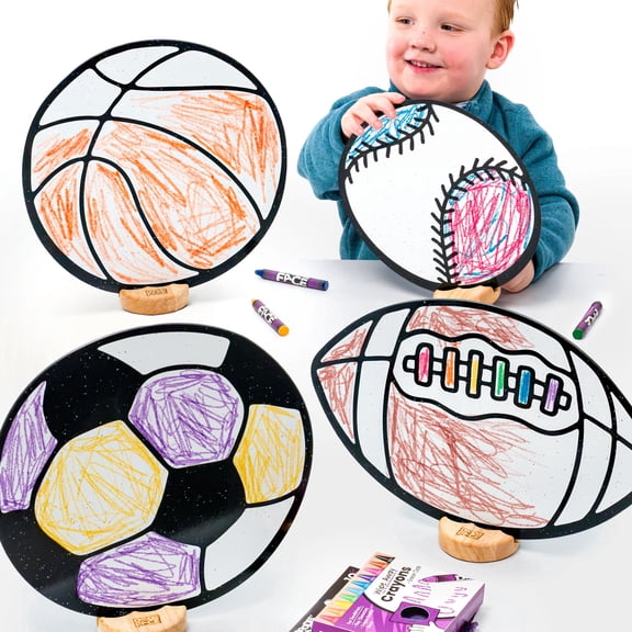 Sports Toy Set for Kids: Color, Play, Wipe Away with Crayons and Eraser. Educational Reusable Coloring Toy with Baseball, Basketball, Football, Soccer Ball.
