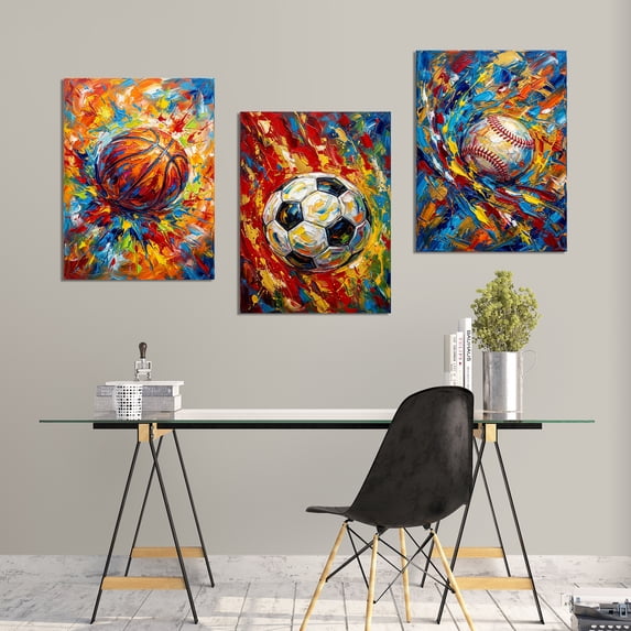 Sports Wall Art Set of 3, Retro Basketball Rugby Football Baseball Canvas Prints, Graffiti Style Print Artwork Ball Painting Wall Decor for Boys Bedroom Game Room Living Room Home Decor