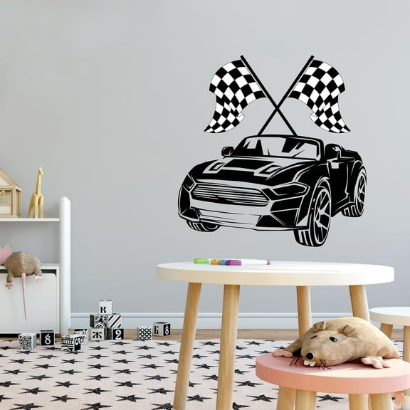 Sports Wall Decals for Boys Bedroom - Black and White Checkered Flags Waving Car DIY & Creativity Boy Girl Bedroom Wall Sticker - Size: 40 In x 40 In