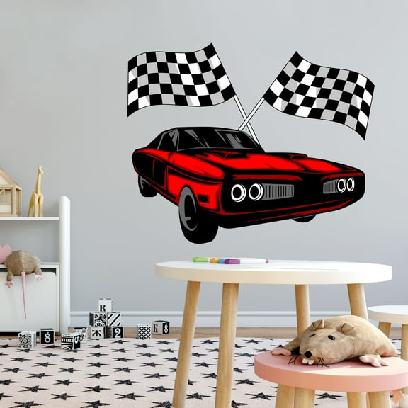 Sports Wall Decals for Boys Bedroom - Speedy Racing Car Flags Car DIY & Creativity Boy Girl Bedroom Wall Sticker - Size: 40 In x 32 In
