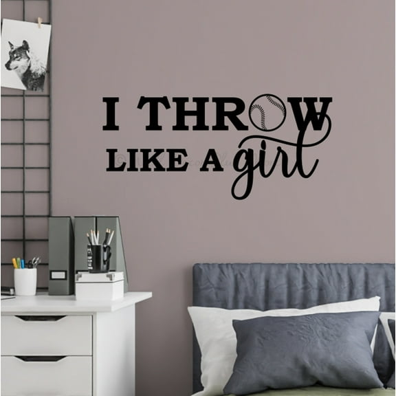 Sports Wall Decor Sticker I Throw Like a Girls Softball Art Decor Decal - Sports Wall Art for Kids - Vinyl Wall Art Decal, 23x11-Inch, Black