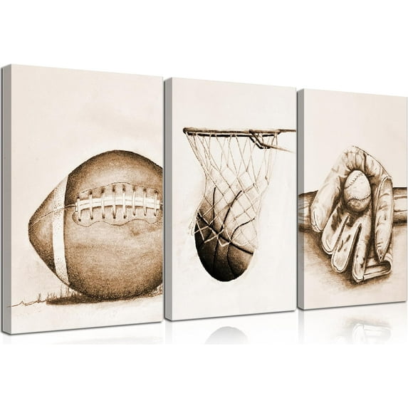 Sports Wall Hieng Football Baseball Basketball Theme Painting Picture Wall Decor Vintage Sport Poster Print Hiengwork for Boy Room Playroom Bedroom Gameroom Home Decoration
