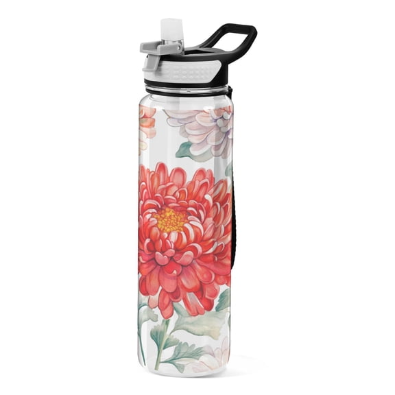 Sports Water Bottle 1000ML Tritan Food Grade Clear Water Bottle Fitness Outdoor Sports Bike Chrysanthemums Red