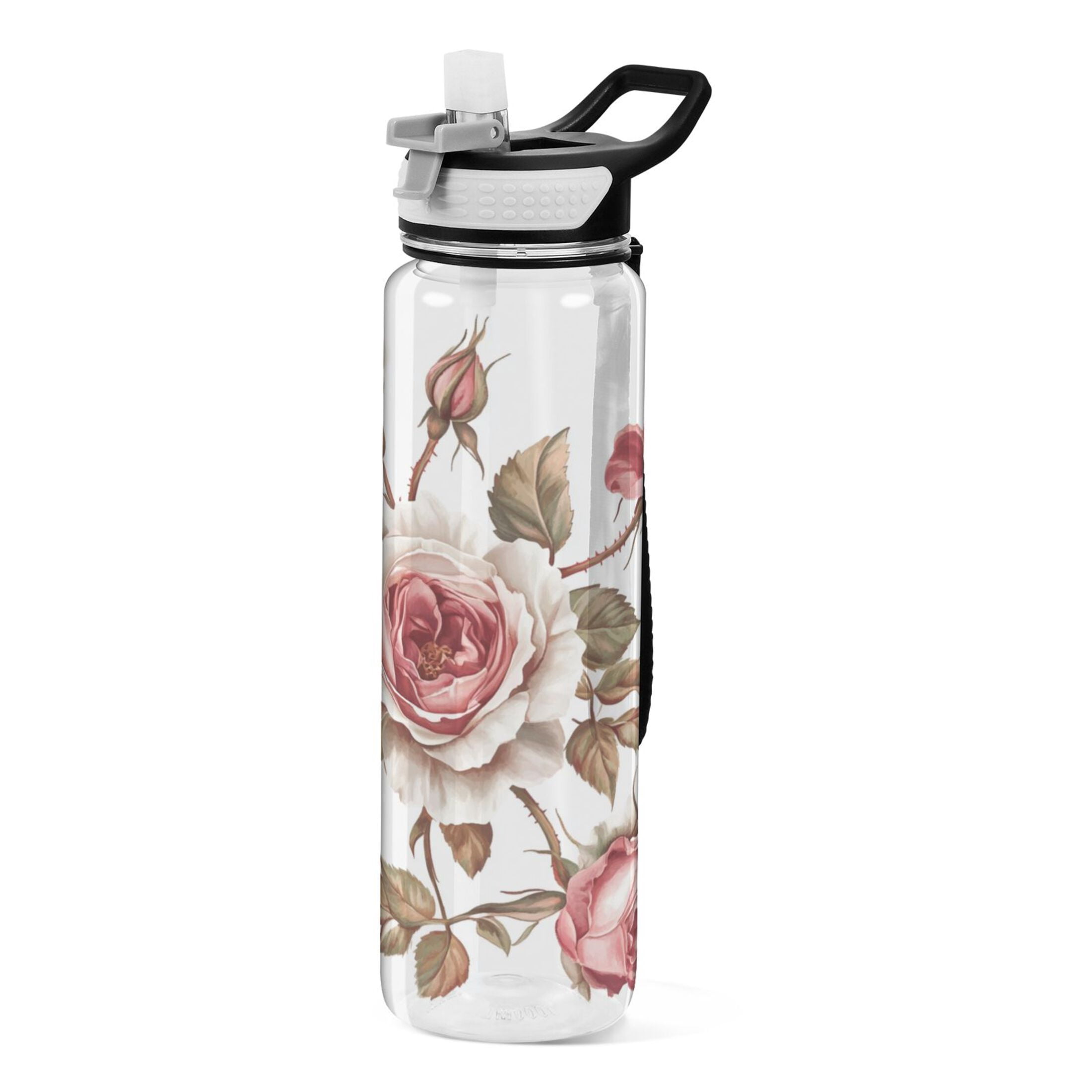 Sports Water Bottle 1000ML Tritan Food Grade Clear Water Bottle Fitness Outdoor Sports Bike Five Pink Roses