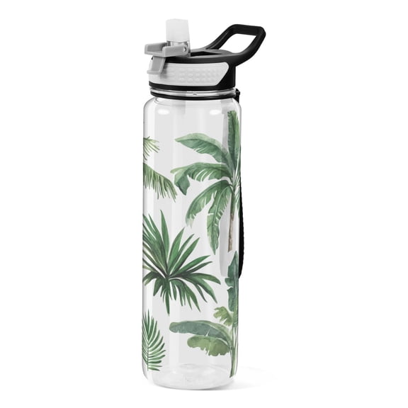 Sports Water Bottle 1000ML Tritan Food Grade Clear Water Bottle Fitness Outdoor Sports Bike Green Palm Trees