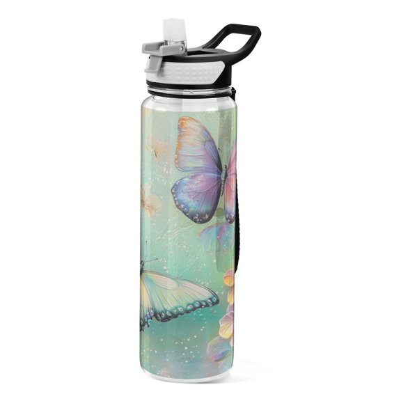Sports Water Bottle 1000ML Tritan Food Grade Clear Water Bottle Fitness Outdoor Sports Bike Light Green Flower Butterfly