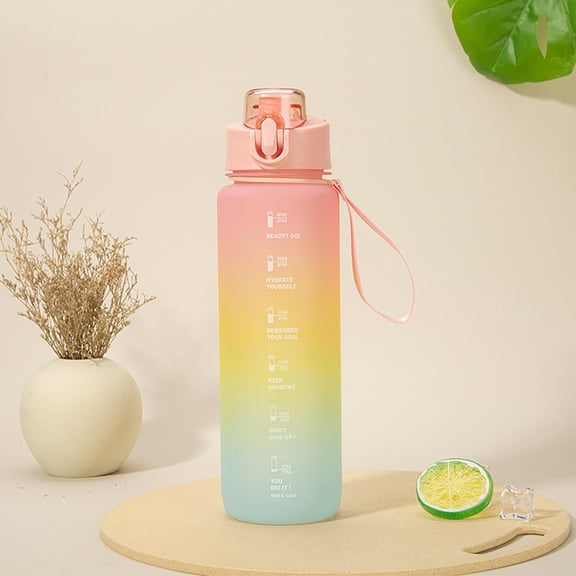 Sports Water Bottle 1L Large Capacity, Wuztai Leak Proof Plastic Fitness Water Jug with Straw, Motivational Time Marker Outdoor Hydration Kettle for Gym Running Travel, Pink