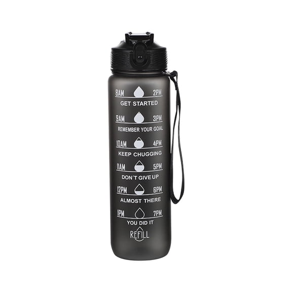 Sports Water Bottle, 32oz Matte BPA-Free Leakproof Drinking Bottle, Time Scale & One-Button Straw Lid, Wide Mouth Fast Flow Design for Gym, Hiking, Travel & Daily Use, Black