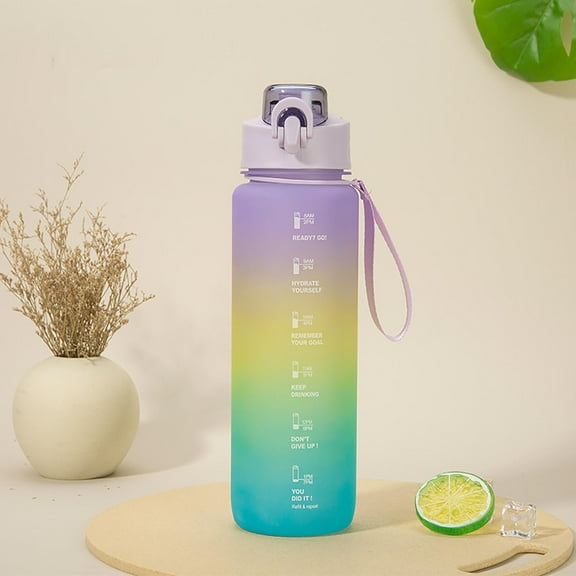 Sports Water Bottle Large Capacity, QQZ Leak Proof 1L Fitness Cup with Straw, Motivational Markers Quick Lock Lid for Gym Outdoor Student Hydration, Purple