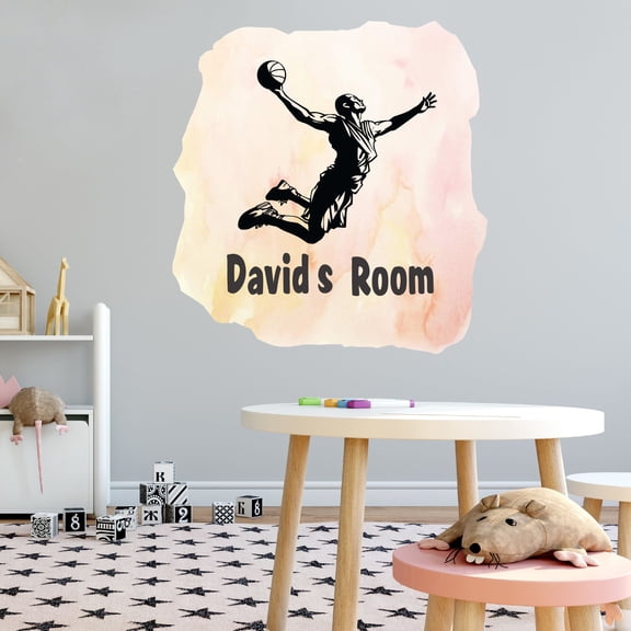 Sports Watercolor Custom Name Wall Decals for Kids Room - Basketball Player Dunking Like A Pro Basketball Personalized Bedroom Wall Sticker Water Color Style - Size: 9 In x 10 In