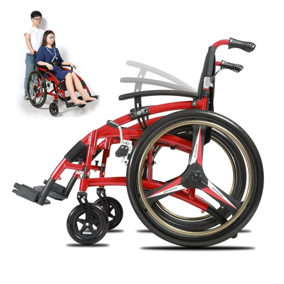 Sports Wheelchair for Adults, Transport Wheelchair Lightweight Foldable 33 lbs, Self-Propelled Wheelchair with Lifting Handrail for Home and Travel