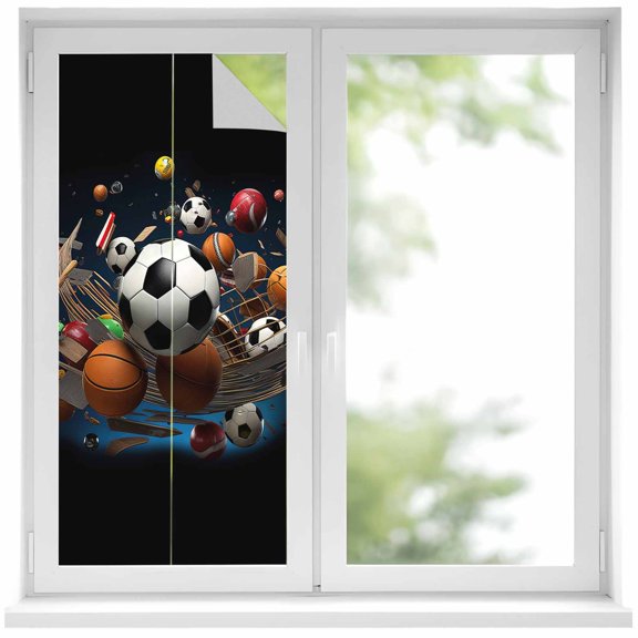 Sports Window Privacy Film, Football Basketball Baseball Ball Games Static Cling UV Sun Blocking Heat Control Window Tint Day and Night, Non-Adhesive One Way Windows Privacy Cover 17.7''x39.3''