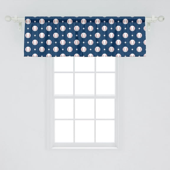 Sports Window Valance, Baseball Patterns on Vertical Striped Background Stars Design, Rod Pocket Curtain Valances for Kitchen Bedroom, 54" X 18", Blue Red