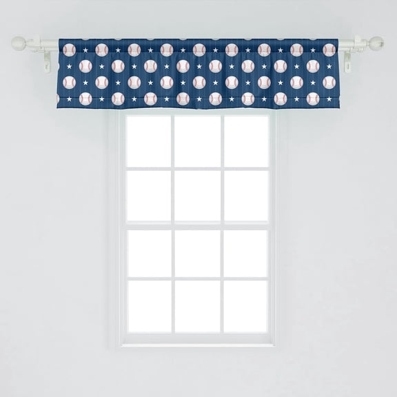 Sports Window Valance Pack of 2, Baseball Patterns on Vertical Striped Background Stars Design, Rod Pocket Curtain Valances for Kitchen Bedroom, 54" X 12", Blue Red