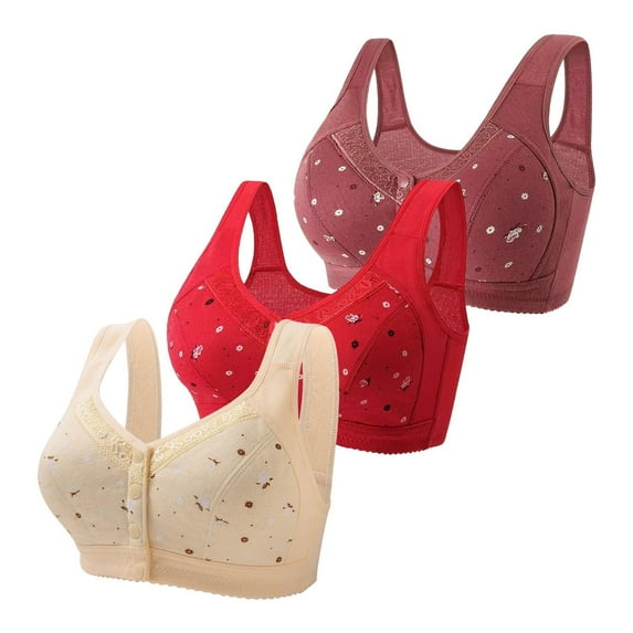 Sports Women's Bra 3 Pack Daisy Bras For Older Women 2024 Front Close Button Cotton Comfortable Full Support Wide Back No Underwire, Women's Bra 40
