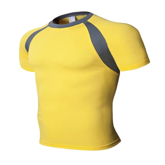 Sports Workout Compression Shirt for Men Quick Drying Breathable T Shirt Short Sleeve Crew Neck Tee Yellow XXL