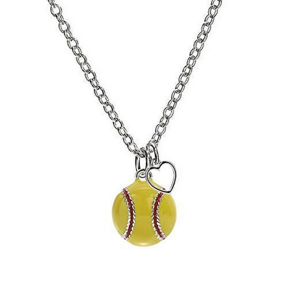 SportsCharm Softball Heart Necklace, Yellow Enamel, Silver-Plated, 18-inch Cable Chain, with Softball and Heart Pendants