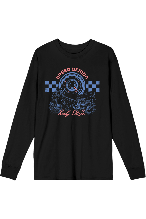 Sportsbike Race Speed Demon Black Adult Crew Neck Long Sleeve Tee-Medium