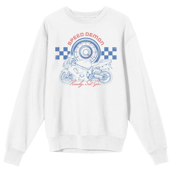 Sportsbike Race Speed Demon, Ready Set Go Men's White Crew Neck Sweatshirt-Large