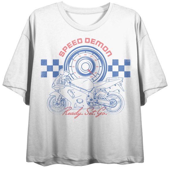 Sportsbike Race Speed Demon, Ready Set Go Women's White Graphic Crop Tee-Small