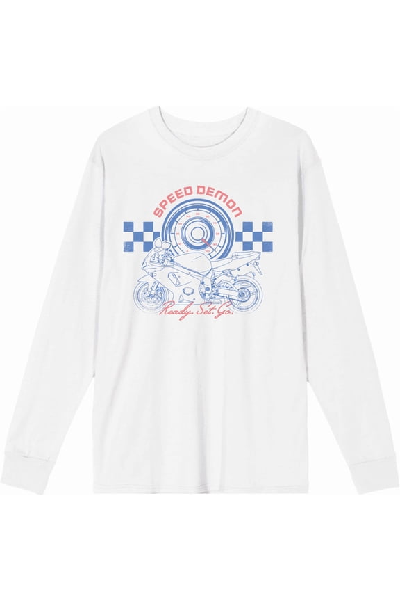 Sportsbike Race Speed Demon White Adult Crew Neck Long Sleeve Tee-XXL