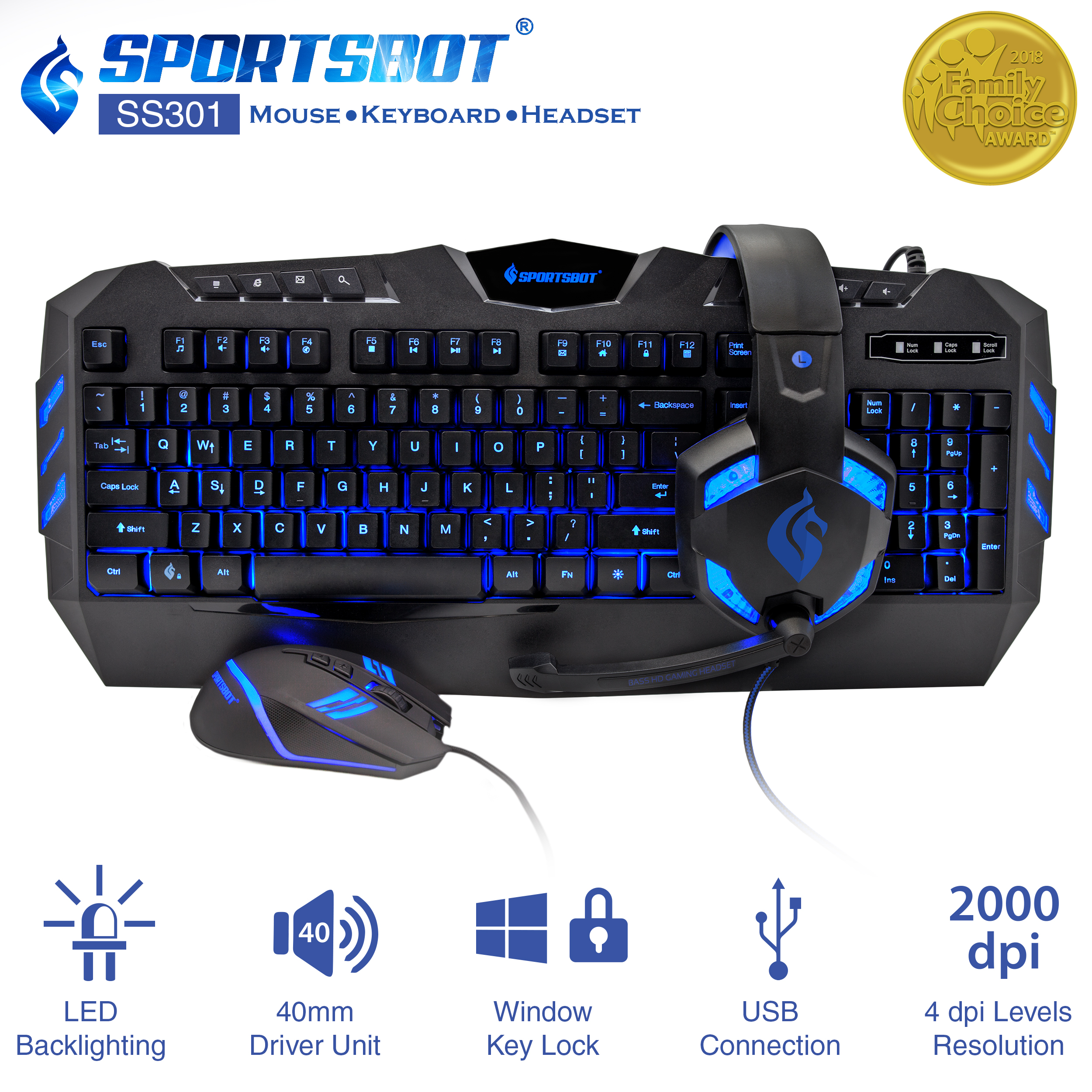 Sportsbot SS301 Blue LED Gaming Over-Ear Headset, Keyboard & Mouse Combo Set - image 1 of 10