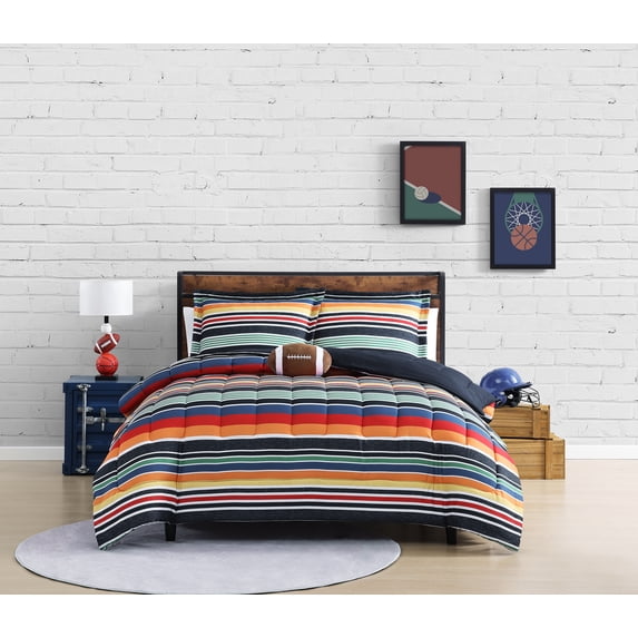 Sportset Stripe Black Multi 4-Piece Soft Microfiber Comforter Set - Full