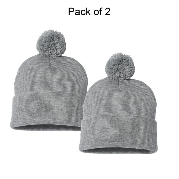 Sportsman 12" Pom-Pom Cuffed Beanie -GR15 Unisex Fleece Lined Beanie Acrylic Hat, (2 Pack, Light Hther Grey)