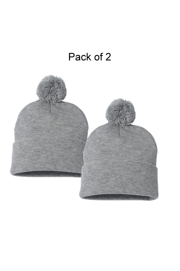 12" Pom-Pom Cuffed Beanie -GR15 Unisex Fleece Lined Beanie Acrylic Hat, (2 Pack, Light Hther Grey)