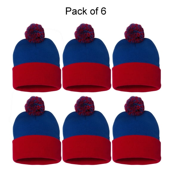 Sportsman 12" Pom-Pom Cuffed Beanie GR15 Warm Winter Knit Cuffed Hat for Men and Women, Royal/ Red 6 Pack