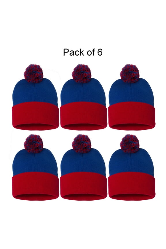 12" Pom-Pom Cuffed Beanie GR15 Warm Winter Knit Cuffed Hat for Men and Women, Royal/ Red 6 Pack