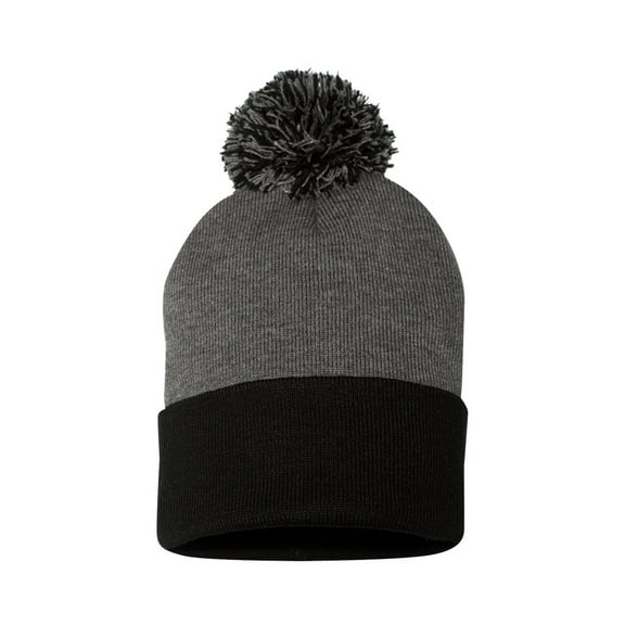 Sportsman 12" Pom-Pom Cuffed Beanie for Unisex -GR15 Pom Solid Top Winter Men Hats, Drk Hether Gry /Blk One Size