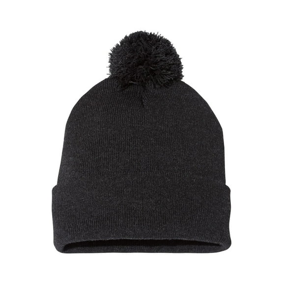 Sportsman 12" Pom-Pom Cuffed Beanie for Unisex -GR15 Pom Solid Top Winter Men Hats, Heather Charcoal One Size