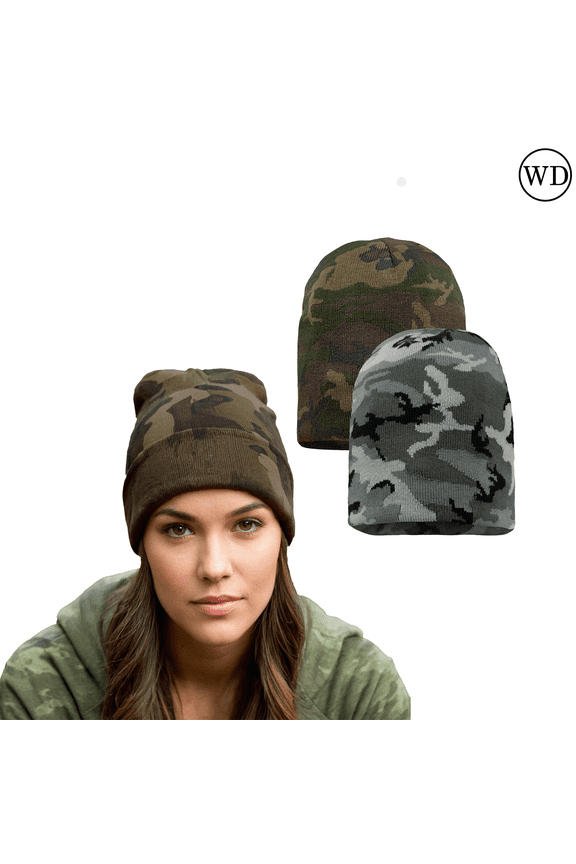 8" Camo Knit Beanie -WD08 Assorted Men's Jacquard Knitted Camo Hat, Camo Green/Grey Mix Pack 2
