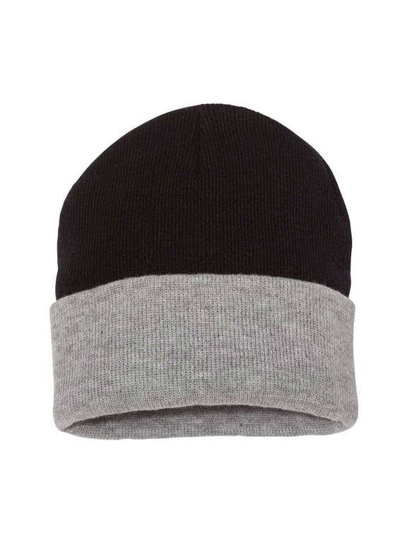 Blocked Cuffed Beanie 100% Acrylic, Warm Knit Winter Colorblock Hat (Black-Heather)