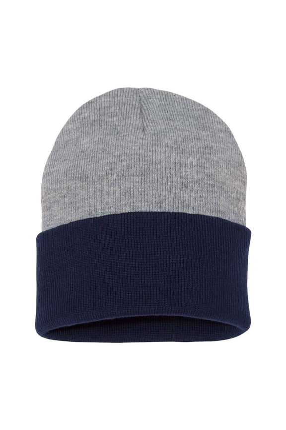 Blocked Cuffed Beanie 100% Acrylic, Warm Knit Winter Colorblock Hat (Heather-Navy)