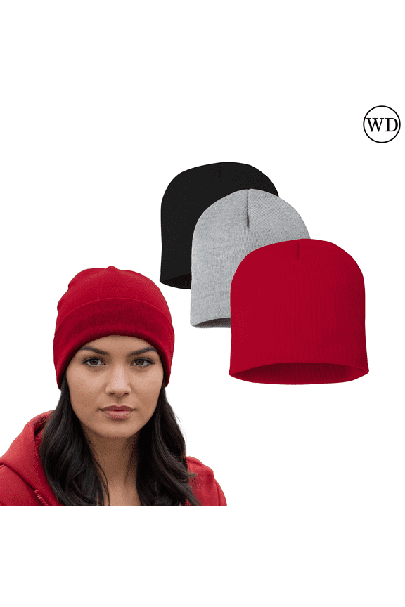 Men's Knit Beanie Durable Short Winter Warm Basic Beanies 8" Unisex Beanie Hat, Pack of 3