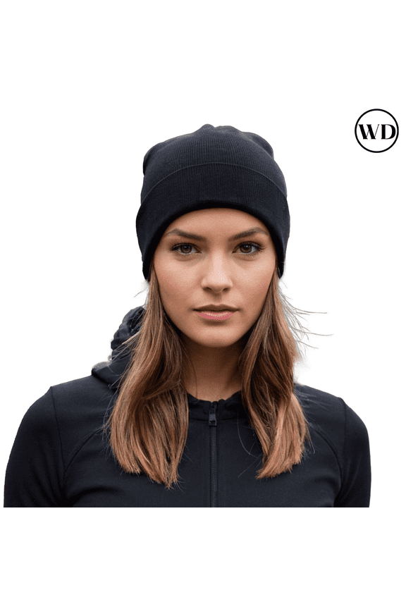 Mens Beanie Winter Hats 8" Warm Thermal Knitted Stocking Caps Acrylic Skate Hat (Black, One Size)