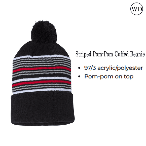 Striped Pom Pom Cuff Beanie Hat 12" for Unisex or Winter Headwear, Black/ White/ Grey/ Red, One Size