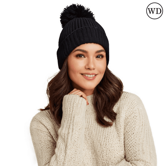 Sportsman Unisex 12" Pom-Pom Cuffed Beanie, Acrylic Lined Striped Speckled Hat for Winter, (One Size Black)
