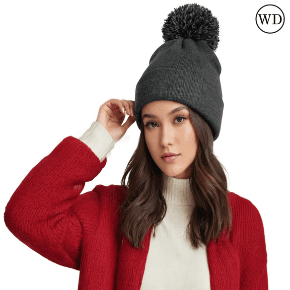 Sportsman Unisex 12" Pom-Pom Cuffed Beanie, Acrylic Lined Striped Speckled Hat for Winter, (One Size Heather Charcoal)