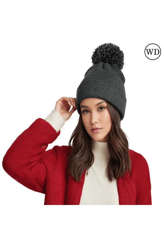 Unisex 12" Pom-Pom Cuffed Beanie, Acrylic Lined Striped Speckled Hat for Winter, (One Size Heather Charcoal)