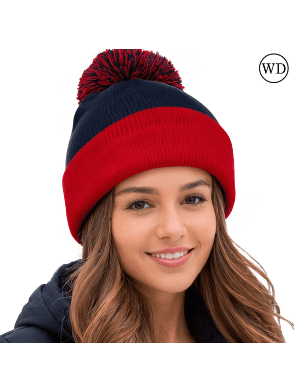 Unisex 12" Pom-Pom Cuffed Beanie, Acrylic Lined Striped Speckled Hat for Winter, (One Size Navy/ Red)
