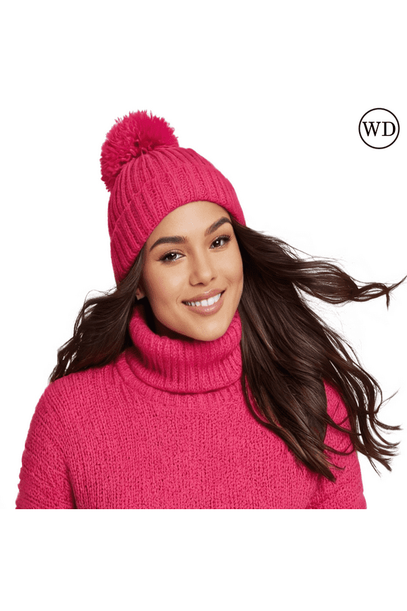 Unisex 12" Pom-Pom Cuffed Beanie, Acrylic Lined Striped Speckled Hat for Winter, (One Size Neon Pink)