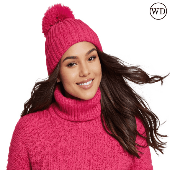 Sportsman Unisex 12" Pom-Pom Cuffed Beanie, Acrylic Lined Striped Speckled Hat for Winter, (One Size Neon Pink)